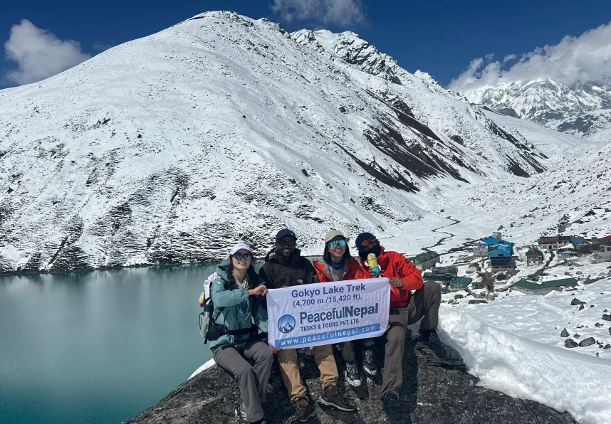 Gokyo Lake Trek in Nepal with trekkers beside Gokyo Lake