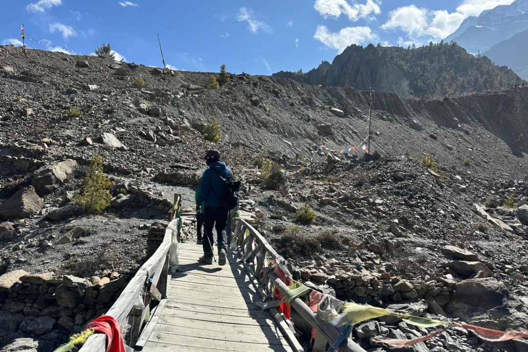 Crossing Suspension Bridge Near Gangapurna Lake