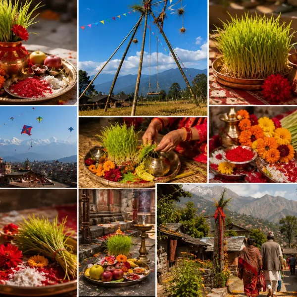 Dashain festival decorations with jamara, tika, bamboo swing, kites, and Himalayan village landscape