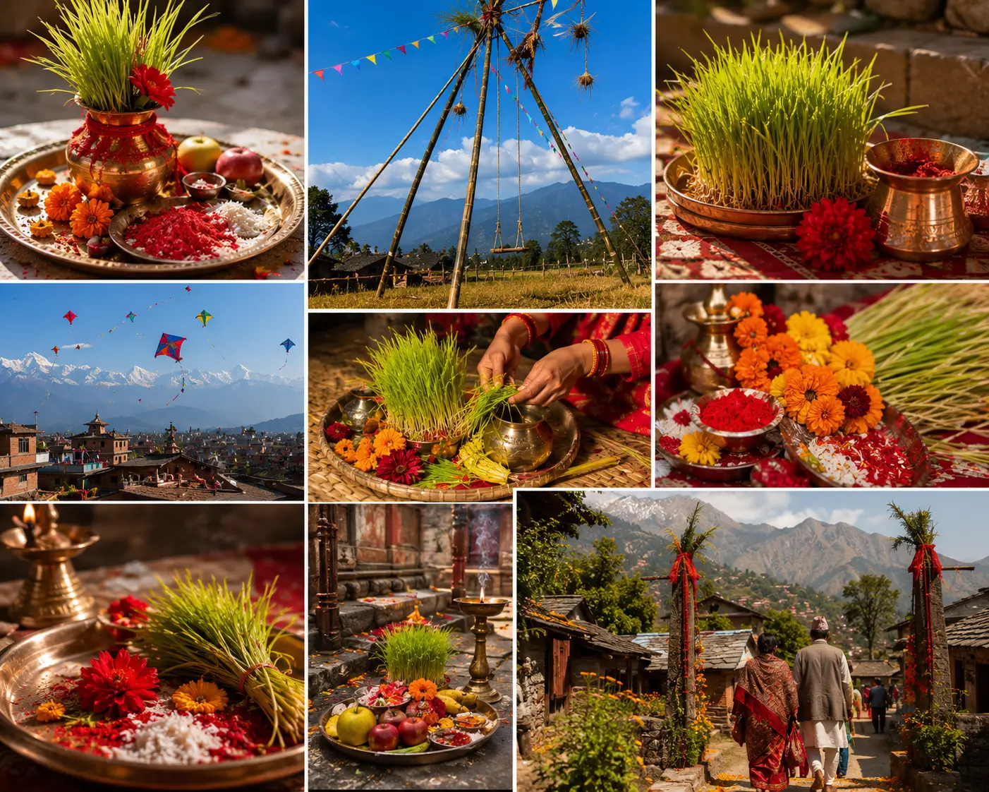 Dashain festival decorations with jamara, tika, bamboo swing, kites, and Himalayan village landscape