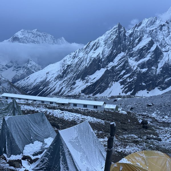 Snow-covered Manaslu Dharamsala Camp