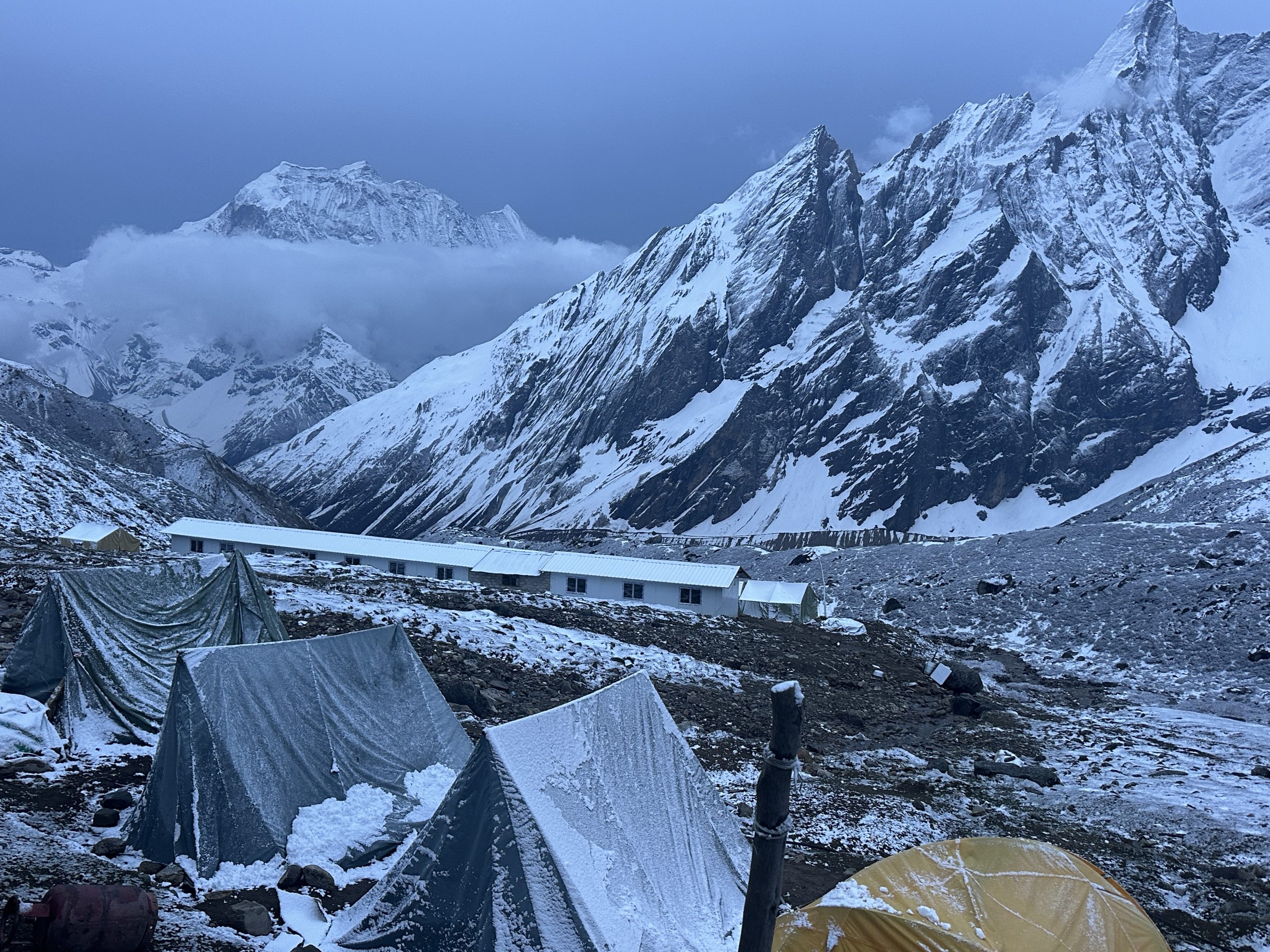 Snow-covered Manaslu Dharamsala Camp