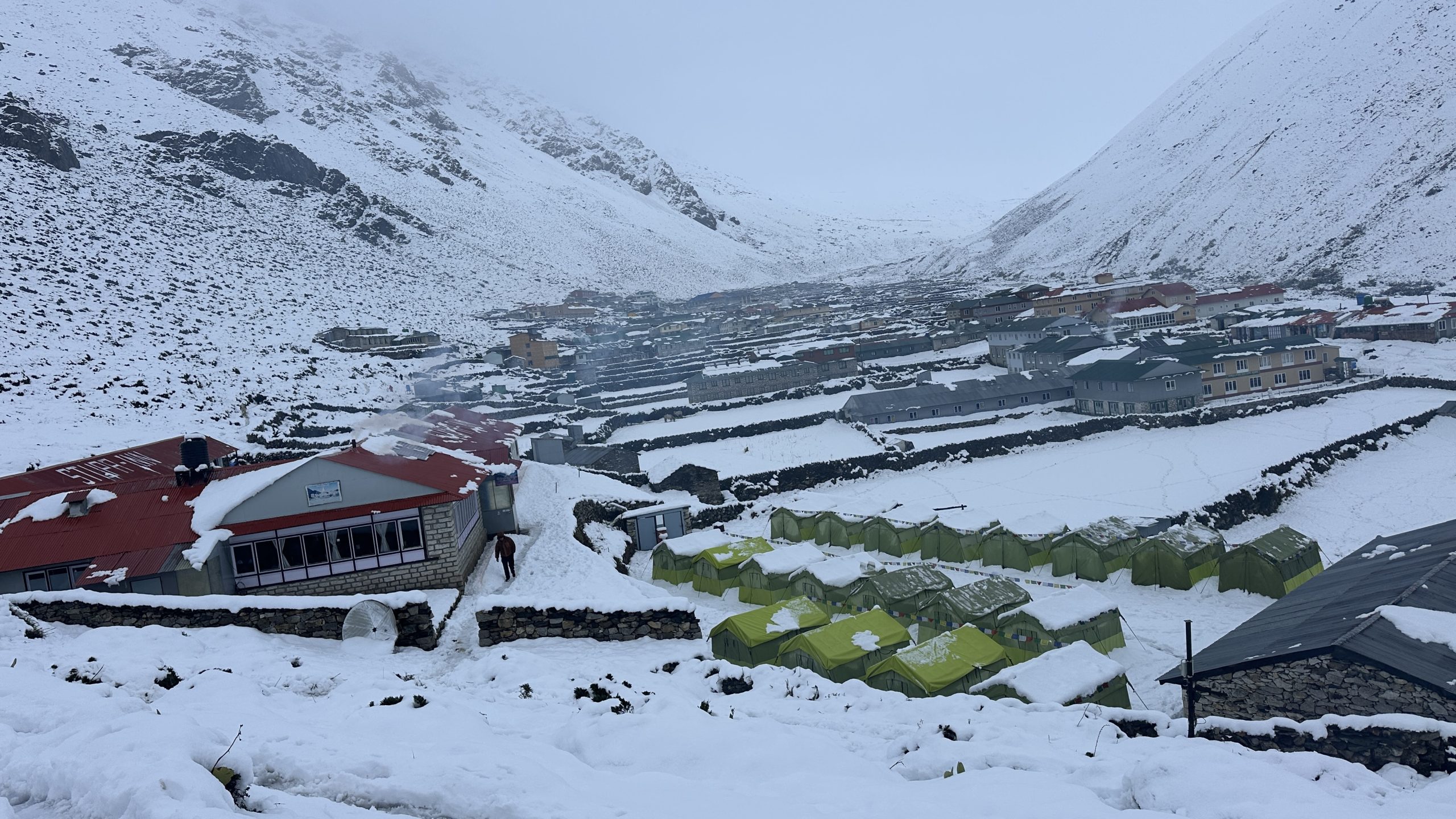 Snow-covered Dingboche Village in the Everest region of Nepal