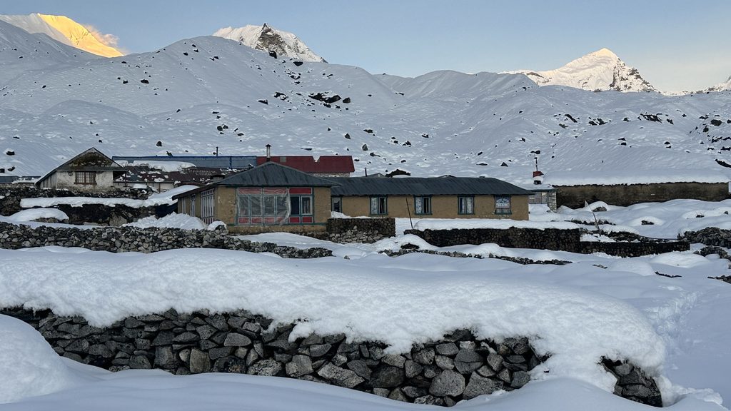 View of Dingboche Village covered in snow